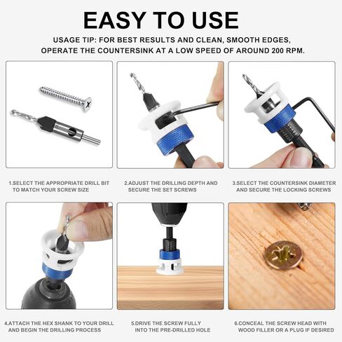 Countersink Drill Bit Set with Depth Stop 4PCS, HSS M2 Tapered Bits and a Wrench, 1/4" Hex Shank HCS Four Blades Countersink Drill Bit for Woodworking in Kuwait