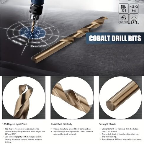 13Pcs Titanium Coated M35 HSS Drill Bits, 135 Degree Twist Drill for Stainless Steel Hard Metal in Kuwait