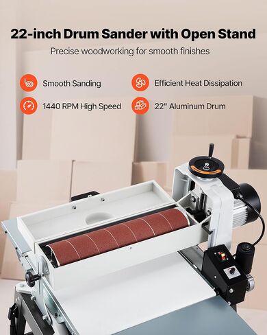VEVOR 22" Drum Sander with Stand & Extension Tables, 1.75HP 1440RPM Dual Motor Drum Sander for Woodworking - Variable Speed Conveyor Belt, 4" Dust Collection Port for Cabinet & Furniture Finishing in Kuwait
