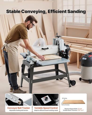 VEVOR 22" Drum Sander with Stand & Extension Tables, 1.75HP 1440RPM Dual Motor Drum Sander for Woodworking - Variable Speed Conveyor Belt, 4" Dust Collection Port for Cabinet & Furniture Finishing in Kuwait