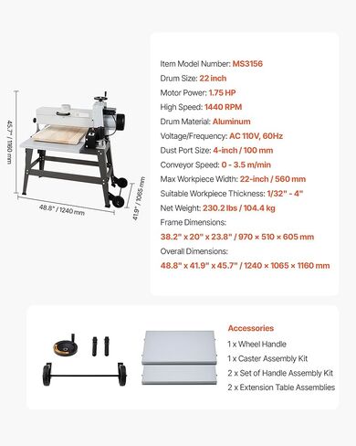 VEVOR 22" Drum Sander with Stand & Extension Tables, 1.75HP 1440RPM Dual Motor Drum Sander for Woodworking - Variable Speed Conveyor Belt, 4" Dust Collection Port for Cabinet & Furniture Finishing in Kuwait