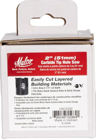 Malco HSC2000 2" (51 mm) Malco Carbide-Tipped Hole Saw for Stucco, Cement Board, Siding & Nail-Embedded Wood – Heavy-Duty Thick Wall Steel Body in Kuwait
