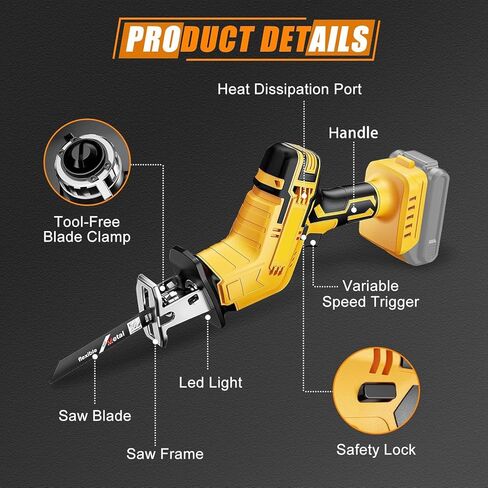 منشار ترددي لاسلكي متوافق مع DEWALT 20V Max، محرك DEROLT بدون فرش ذو سرعة متغيرة 0-3500 SPM، تغيير الشفرة بدون أدوات، Recipro Sawzall مع 4 شفرات منشار لقطع الخشب/المعادن (أداة فقط) in Kuwait