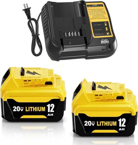 2Packs 12000mAh DCB206 Replacement for Dewalt 20V Max Battery 12.0Ah and DCB107 Charger Combo Compatible with Dewalt 20V Battery Lithium DCB207 DCB206 DCB204 DCB200 DCB201 DCB203 Series Tool (Yellow) in Kuwait