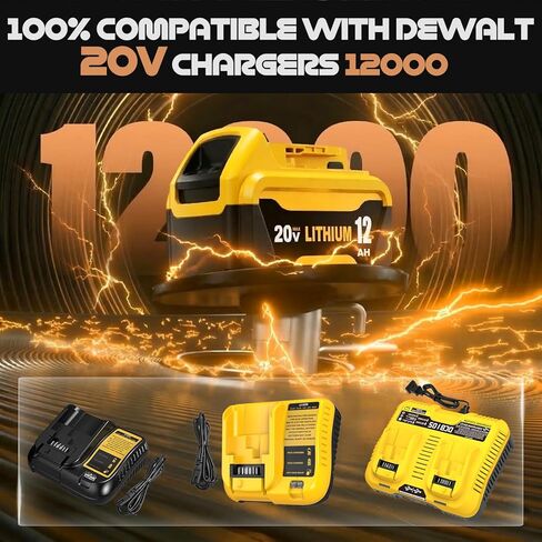 2Packs 12000mAh DCB206 Replacement for Dewalt 20V Max Battery 12.0Ah and DCB107 Charger Combo Compatible with Dewalt 20V Battery Lithium DCB207 DCB206 DCB204 DCB200 DCB201 DCB203 Series Tool (Yellow) in Kuwait