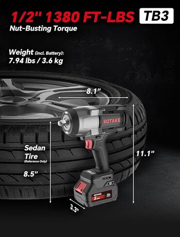 طقم مفتاح ربط تأثير احترافي عالي التحمل 1/2 بوصة من ROTAKE، عزم دوران 1380 FT-LBS، مسدس تأثير لاسلكي عالي عزم الدوران مع حلقة خنزير، حافظة مطرقة أحادية الجسم 3 في 1، بطارية 5.0 أمبير، شاحن 4 أمبير، TB3 in Kuwait
