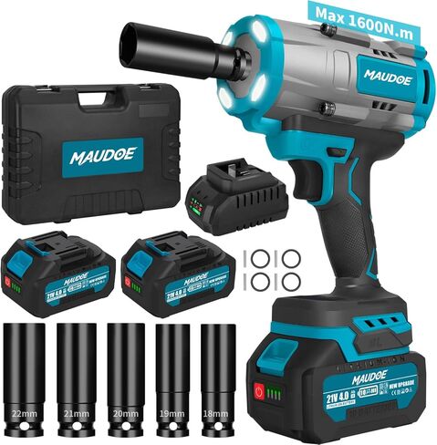 1600N.m (1180Ft-lbs) Cordless Impact Wrench, 21V 1/2" Brushless High Torque Impact Gun, 2×4.0Ah Batteries & 5 Sockets, 3-Speed Adjustment, Pistola De Impacto Drive for Car/Truck/RV/Mower Repair in Kuwait