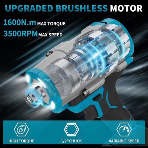 1600N.m (1180Ft-lbs) Cordless Impact Wrench, 21V 1/2" Brushless High Torque Impact Gun, 2×4.0Ah Batteries & 5 Sockets, 3-Speed Adjustment, Pistola De Impacto Drive for Car/Truck/RV/Mower Repair in Kuwait