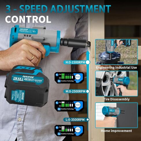 1600N.m (1180Ft-lbs) Cordless Impact Wrench, 21V 1/2" Brushless High Torque Impact Gun, 2×4.0Ah Batteries & 5 Sockets, 3-Speed Adjustment, Pistola De Impacto Drive for Car/Truck/RV/Mower Repair in Kuwait