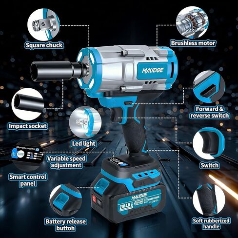 1600N.m (1180Ft-lbs) Cordless Impact Wrench, 21V 1/2" Brushless High Torque Impact Gun, 2×4.0Ah Batteries & 5 Sockets, 3-Speed Adjustment, Pistola De Impacto Drive for Car/Truck/RV/Mower Repair in Kuwait