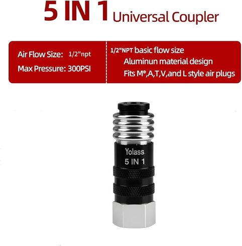 Yolass 5 In 1 Universal Quick Industrial Air Coupler, Air Hose Fittings, 1/2" Female NPT, Air Compressor Accessors Fitting (1 Piece) in Kuwait
