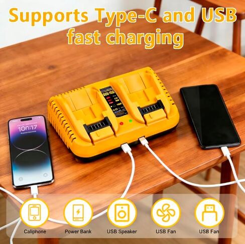 DCB102 20V Dual Port Fast Charger for Dewalt, Replacement Charger Compatible with Dewalt 12V-20V Batteries, with USB & Type-C Charging Ports in Kuwait