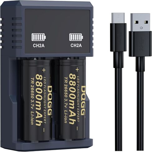 2 قطعة بطارية قابلة للشحن عالمية 26650 مع مجموعة شاحن 26650، شاحن بطارية ذكي USB لمصابيح كاشفة 3.7 فولت (فالت توب) in Kuwait