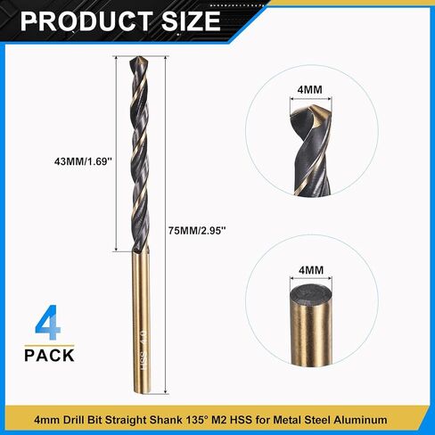 PATIKIL 4mm Drill Bit, Jobber Straight Shank M2 High-Speed Steel 135° for Stainless Steel Hard Metal - 4 Pack in Kuwait