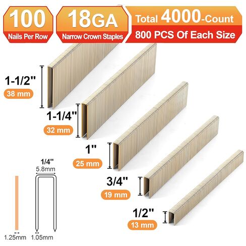 18 Gauge 1/4" Narrow Crown Staples,18GA Nail Gun Nails Assorted, Suitable for Most Brand of 18 Gauge Pneumatic and Electric Stapler Nailer (1/2",3/4",1",1-1/4",1-1/2":4000PCS) in Kuwait