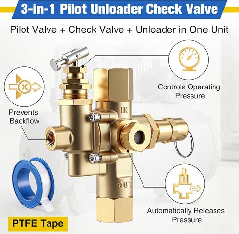 Pilot Unloader Check Valve with PTFE Tape, Compatible with Ingersoll Rand 49816283C T30 Gas Air Compressor, 5/8" Inverted Flare Inlet, 1/2" FNPT Outlet, 1/8" Control Port, 145–175 PSI in Kuwait