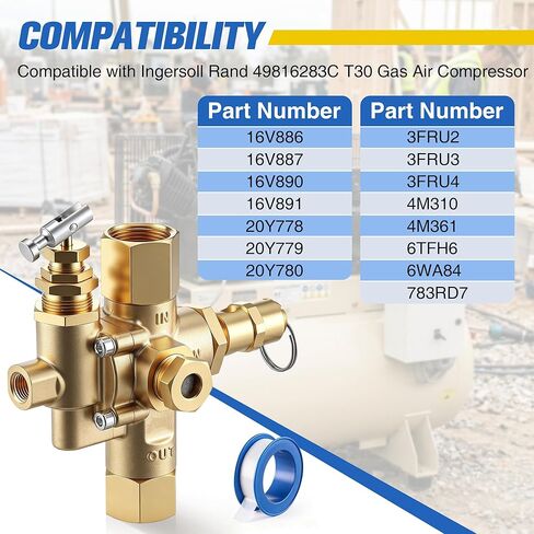 Pilot Unloader Check Valve with PTFE Tape, Compatible with Ingersoll Rand 49816283C T30 Gas Air Compressor, 5/8" Inverted Flare Inlet, 1/2" FNPT Outlet, 1/8" Control Port, 145–175 PSI in Kuwait