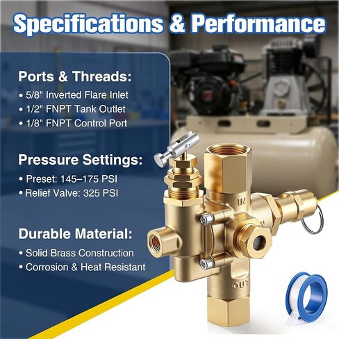 Pilot Unloader Check Valve with PTFE Tape, Compatible with Ingersoll Rand 49816283C T30 Gas Air Compressor, 5/8" Inverted Flare Inlet, 1/2" FNPT Outlet, 1/8" Control Port, 145–175 PSI in Kuwait