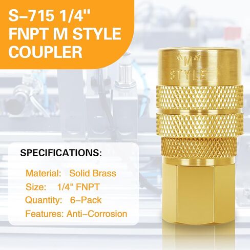 6 عبوات S-715 1/4 بوصة FNPT M Style Coupler، تركيبات خرطوم هواء نحاسية، تركيبات هواء موصل سريع للسيارات والمنزل (مقرنات أنثى) in Kuwait
