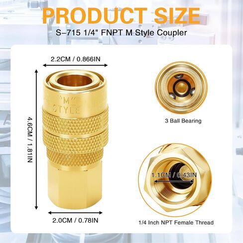 6 عبوات S-715 1/4 بوصة FNPT M Style Coupler، تركيبات خرطوم هواء نحاسية، تركيبات هواء موصل سريع للسيارات والمنزل (مقرنات أنثى) in Kuwait