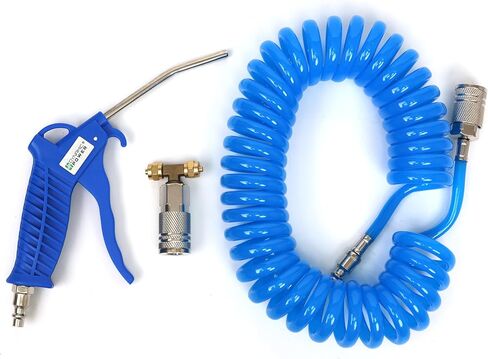 DYNAMIC POWER Heavy Duty Air Duster Gun Kit, High Flow Blow Gun with 120mm Steel Nozzle, 16ft PU Coil Air Hose, 1/4" Industrial Quick Coupler & Plug, T-Shape Adaptor with Auto Shut-Off Valve. DP16-4 in Kuwait