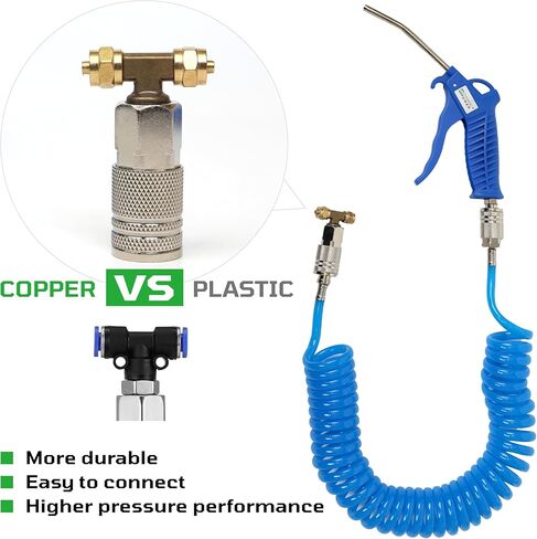 DYNAMIC POWER Heavy Duty Air Duster Gun Kit, High Flow Blow Gun with 120mm Steel Nozzle, 16ft PU Coil Air Hose, 1/4" Industrial Quick Coupler & Plug, T-Shape Adaptor with Auto Shut-Off Valve. DP16-4 in Kuwait