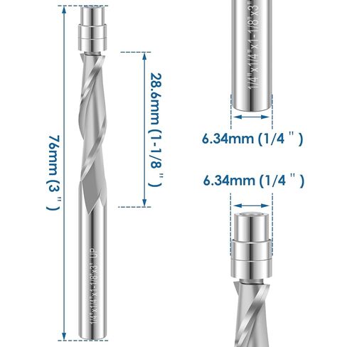 Upcut Spiral Flush Trim Router Bit Sturdy Carbide Flush Cut Router Bit with 1/4inch Shank Double Bearing Guide 1-1/8 Inch Cutting Length 3inch Overall Length for Softwood Hardwood in Kuwait