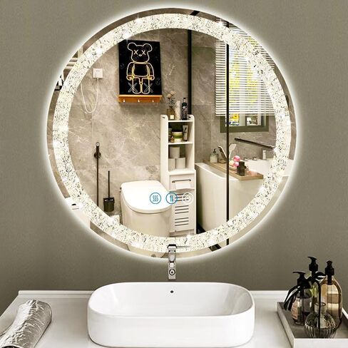 THEKLA 24 Inch Bathroom Crystal LED Round Mirror with Lights Memory 3 Color Dimmable Crystal AntiFog Round Lighted Vanity Mirror for Bathroom Wall 24" Diamond Circle Light up Vanity Mirror with Lights in Saudi Arabia