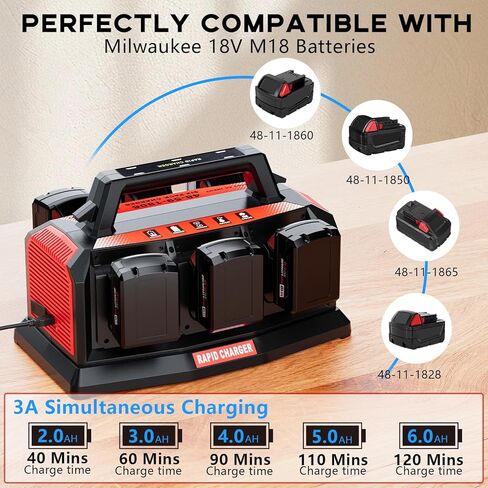 Fast Charger for Milwaukee M18 Battery: 6-Port Multi Simultaneous Rapid Charger Station Compatible with Milwaukee 18V Batteries, Replacement Battery Charger for 48-59-1806 (Tool Only) in Kuwait
