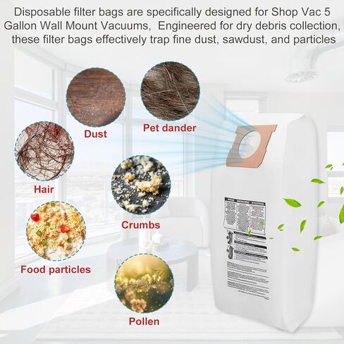 (6 عبوات) 9193200 أكياس فلتر للاستعمال مرة واحدة، من أجل Shop-Vac 5 جالون 5.5 ذروة HP مكنسة كهربائية رطبة/جافة، مكنسة متجر مدمجة قابلة للتركيب على الحائط، مثالية لموقع العمل والمرآب والسيارات وورش العمل. الالتقاط الجاف in Kuwait