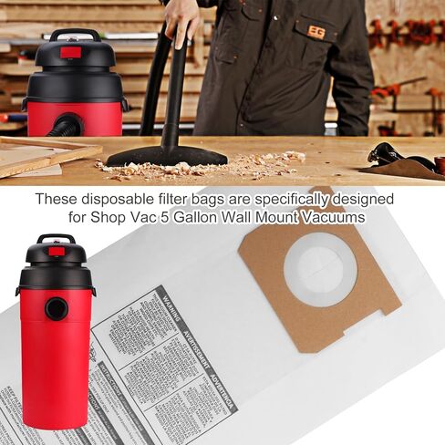 (6 عبوات) 9193200 أكياس فلتر للاستعمال مرة واحدة، من أجل Shop-Vac 5 جالون 5.5 ذروة HP مكنسة كهربائية رطبة/جافة، مكنسة متجر مدمجة قابلة للتركيب على الحائط، مثالية لموقع العمل والمرآب والسيارات وورش العمل. الالتقاط الجاف in Kuwait