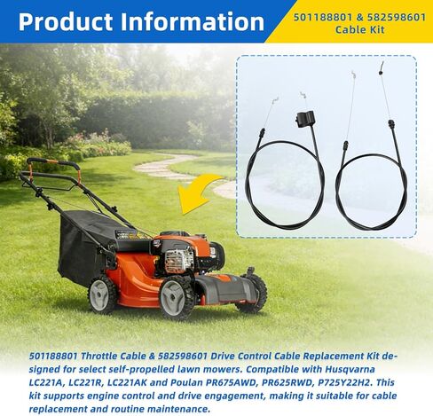 501188801 & 582598601 طقم كابل خانق مزدوج ومحرك متوافق مع Husqvarna LC221A/LC221R/L221AK، Poulan PR675AWD/PR625RWD/P725Y22H2 جزء كابل جزازة العشب in Kuwait