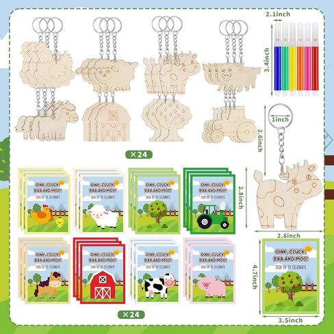 Amyhill 24 Sets Farm Animals Party Favors DIY Wooden Keychain Painting Crafts Kits with Cards Watercolor and OPP Bags for Exchange Gifts DIY Art Prize Western Party Supplies in Saudi Arabia