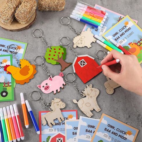 Amyhill 24 Sets Farm Animals Party Favors DIY Wooden Keychain Painting Crafts Kits with Cards Watercolor and OPP Bags for Exchange Gifts DIY Art Prize Western Party Supplies in Saudi Arabia
