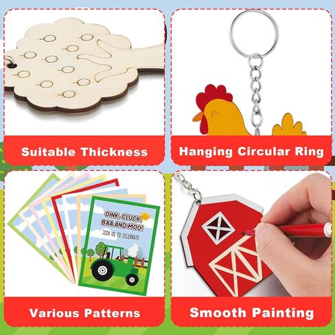 Amyhill 24 Sets Farm Animals Party Favors DIY Wooden Keychain Painting Crafts Kits with Cards Watercolor and OPP Bags for Exchange Gifts DIY Art Prize Western Party Supplies in Saudi Arabia