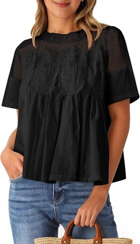 Cicy Bell Womens Babydoll Lace Blouses Short Sleeve Ruffle Crew Neck Peplum Tops Dressy Casual Loose Fit Shirts in Saudi Arabia