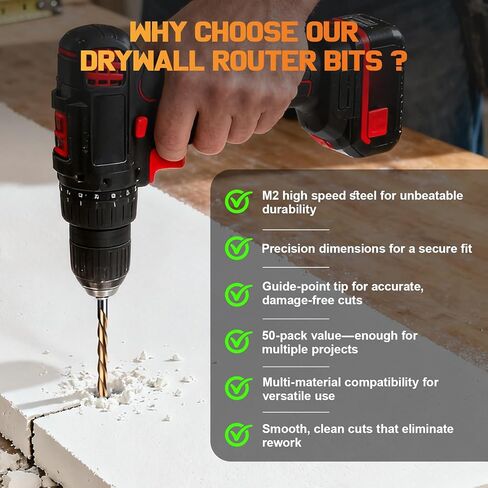 50PCS Drywall Router Bits, 1/8" Drywall Cutting Bit, M2 HSS Guide Point Brocas para Drywall for Spiral Saws and Power Tools, Professional Gypsum Board Cutting Tools in Kuwait