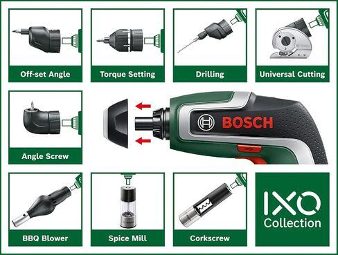 مجموعة مفك براغي للبطارية المدمجة من Bosch IXO (الجيل السابع؛ 3.6 فولت؛ 2.0 أمبير؛ 5.5 نيوتن متر؛ محول لولبي بزاوية؛ مع كابل USB صغير؛ براغي تصل إلى 190 براغي؛ صندوق) in Kuwait
