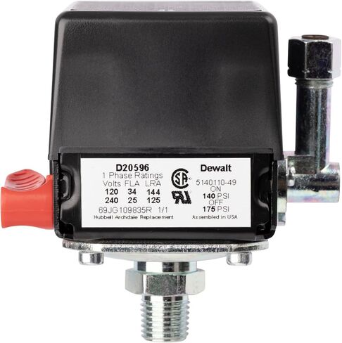 مفتاح ضغط D20596 1/4 بوصة NPT منفذ واحد 140-175 رطل لكل بوصة مربعة ثنائي القطب 120-240 فولت متوافق مع وحدات ضاغط الهواء بكابل Craftsman وDeVilbiss وPorter in Kuwait