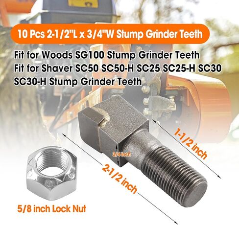 10 Pcs 2-1/2"L x 3/4"W Stump Grinder Teeth Assembly Fit for Woods SG100 Shaver SC50 SC50-H SC25 SC25-H SC30 SC30-H Stump Grinders, with 5/8" Nuts in Kuwait