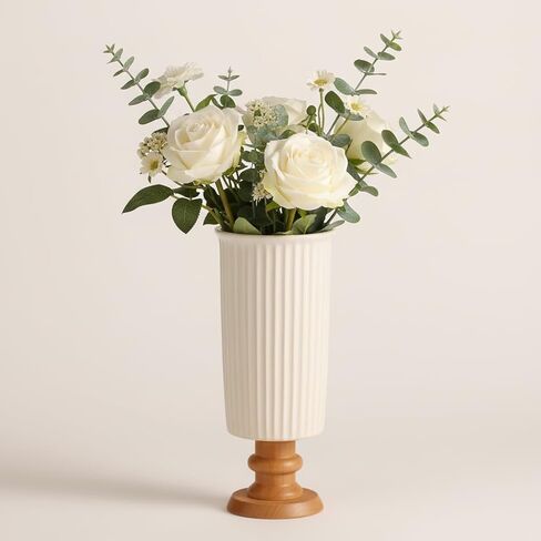 hjn White Ceramic Vase- French Flower Vase for Decor Small Vintage Vases with Wood Base for Table/Living Room/Shelf/Mantel/Office-3.94''d x 9.1" h-Floral Embossing in Saudi Arabia