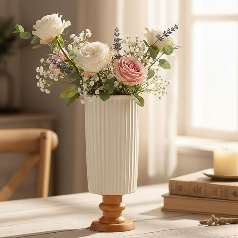 hjn White Ceramic Vase- French Flower Vase for Decor Small Vintage Vases with Wood Base for Table/Living Room/Shelf/Mantel/Office-3.94''d x 9.1" h-Floral Embossing in Saudi Arabia