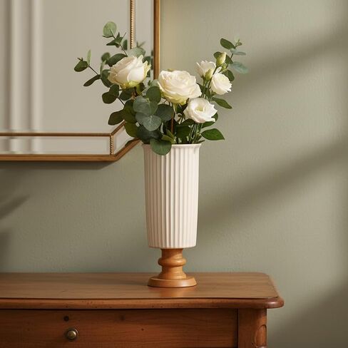 hjn White Ceramic Vase- French Flower Vase for Decor Small Vintage Vases with Wood Base for Table/Living Room/Shelf/Mantel/Office-3.94''d x 9.1" h-Floral Embossing in Saudi Arabia