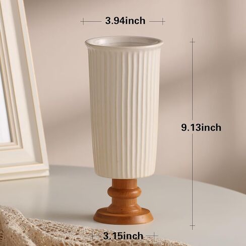 hjn White Ceramic Vase- French Flower Vase for Decor Small Vintage Vases with Wood Base for Table/Living Room/Shelf/Mantel/Office-3.94''d x 9.1" h-Floral Embossing in Saudi Arabia