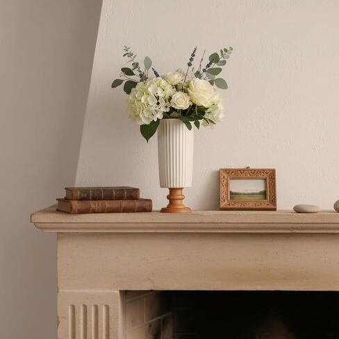 hjn White Ceramic Vase- French Flower Vase for Decor Small Vintage Vases with Wood Base for Table/Living Room/Shelf/Mantel/Office-3.94''d x 9.1" h-Floral Embossing in Saudi Arabia
