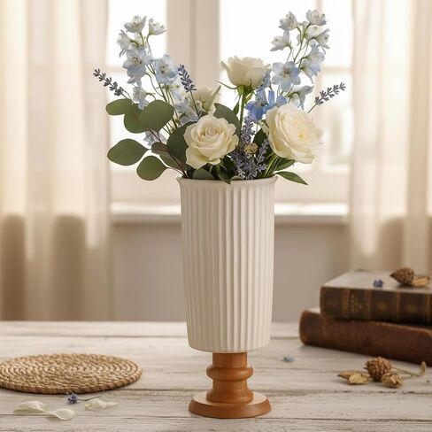 hjn White Ceramic Vase- French Flower Vase for Decor Small Vintage Vases with Wood Base for Table/Living Room/Shelf/Mantel/Office-3.94''d x 9.1" h-Floral Embossing in Saudi Arabia