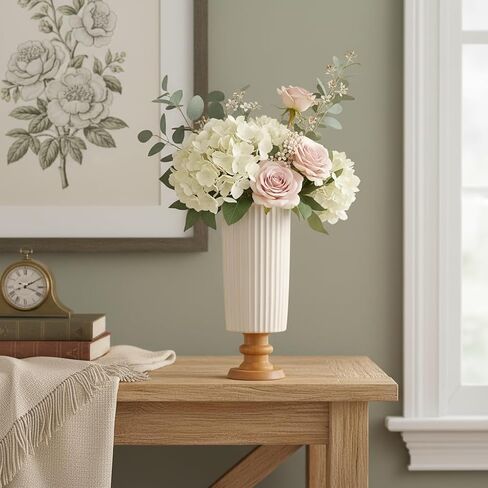 hjn White Ceramic Vase- French Flower Vase for Decor Small Vintage Vases with Wood Base for Table/Living Room/Shelf/Mantel/Office-3.94''d x 9.1" h-Floral Embossing in Saudi Arabia