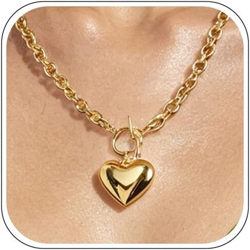Punhem Chunky Gold Necklace for Women - 14K Gold/Silver Plated Hammered Cross/ Clover/ Heart/ Baroque Pearl Pendant Trendy Dainty Non Tarnish Thick Chain Statement Charm Necklace with Vintage Toggle Clasp Fashion Jewelry Set Gift in Saudi Arabia