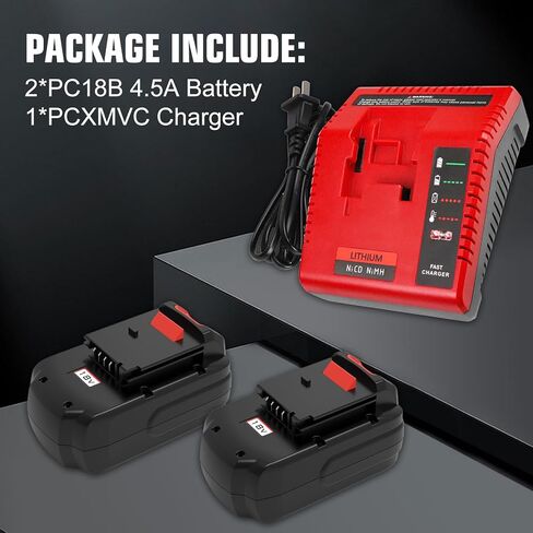 2 Pack 4500mAh High Capacity Ni-Mh 18 Volt PC18B Replacement Battery and PCXMVC PCMVC Charger Compatible with Porter Cable 18V Battery PC18B PC18BL PC18BLEX PCC489N PC188 Cordless Power Tools(Red) in Saudi Arabia