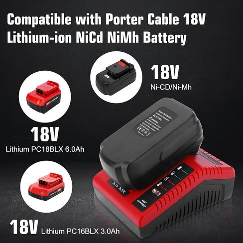 2 Pack 4500mAh High Capacity Ni-Mh 18 Volt PC18B Replacement Battery and PCXMVC PCMVC Charger Compatible with Porter Cable 18V Battery PC18B PC18BL PC18BLEX PCC489N PC188 Cordless Power Tools(Red) in Saudi Arabia